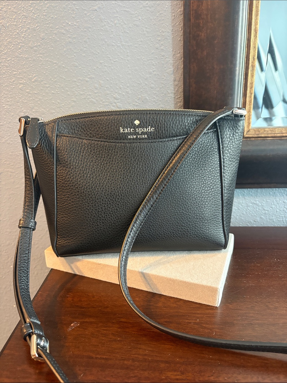 kate spade Black Pebbled Leather Crossbody with Gold Logo
